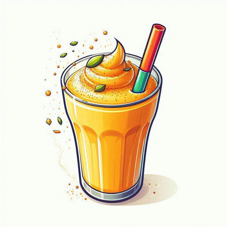 Illustration of a glass of orange smoothie with a straw.のイラスト素材