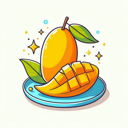 Mango fruit on a plate. Vector illustration in cartoon style.のイラスト素材
