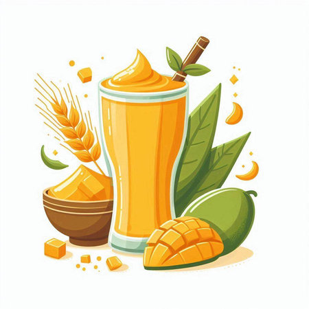 Mango smoothie vector illustration. Mango juice in glass and ingredients.のイラスト素材