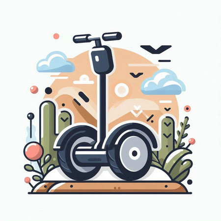 Modern vector illustration of electric scooter on the background of mountains.のイラスト素材