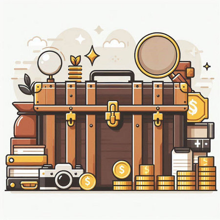Vector illustration of a treasure chest full of gold coins, books and various accessories.のイラスト素材
