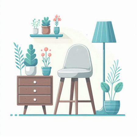 Living room interior with furniture and plants. Flat style vector illustration.のイラスト素材