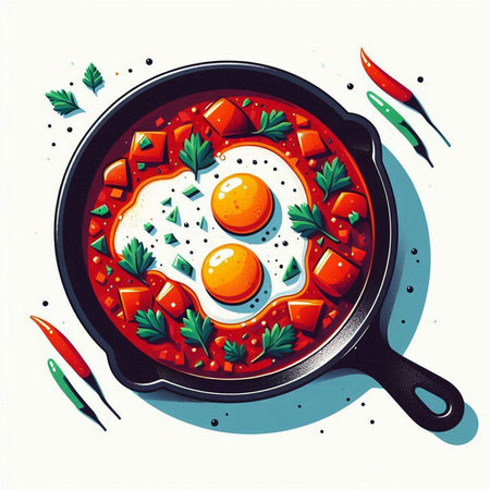 Shakshuka in a frying pan. Hand drawn vector illustration.のイラスト素材