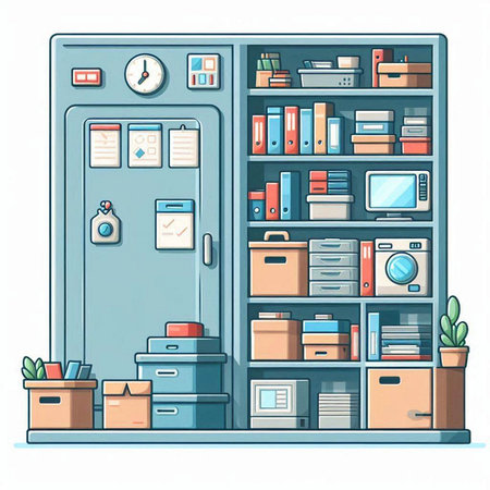 Vector illustration of a cabinet with various household items. Furniture in a flat style.のイラスト素材