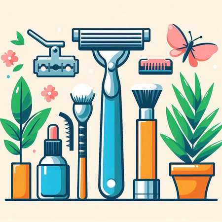 Vector illustration of Shaving razor, accessories and plants in flat style.のイラスト素材
