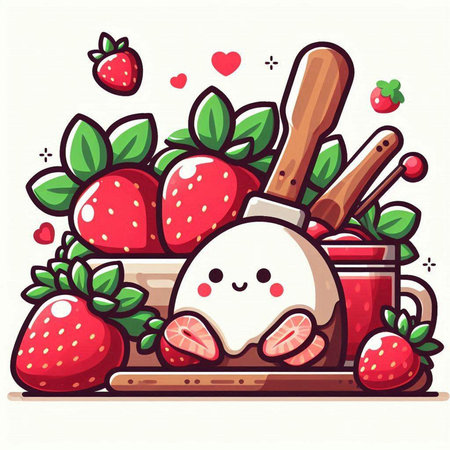 Strawberry saucepan cartoon vector illustration. Cute and funny food character.のイラスト素材