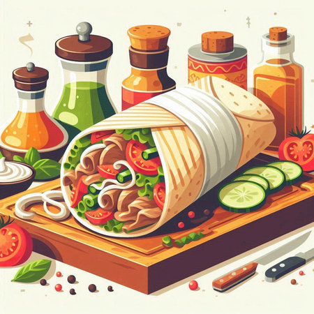 illustration of a mexican tortilla wrap with vegetables and sauceのイラスト素材