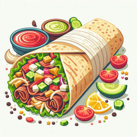 Tortilla wrap with meat, vegetables and sauce. Vector illustration.のイラスト素材