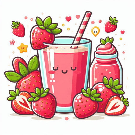 Strawberry smoothie in a glass with a straw. Vector illustration.のイラスト素材