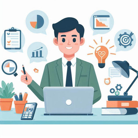 Businessman working with laptop in office. Flat style vector illustration.のイラスト素材