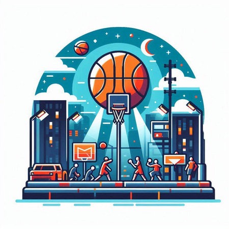 Basketball court with basketball ball and people. Vector illustration in flat styleのイラスト素材