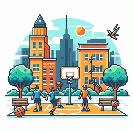 Basketball court in the city. Vector illustration in flat style.のイラスト素材
