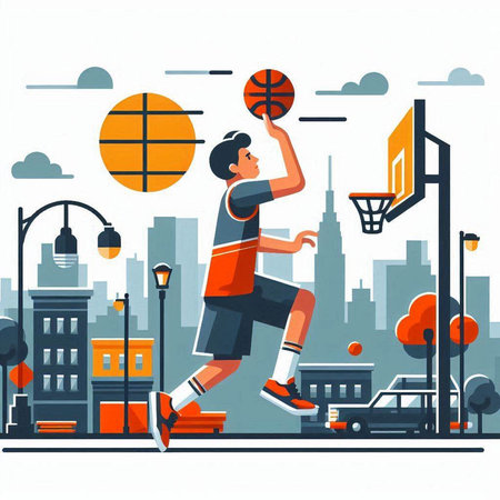 Basketball player in action on the street. Flat style vector illustration.のイラスト素材