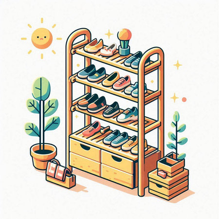 Vector illustration of a wooden shelf with shoes in isometric style.のイラスト素材