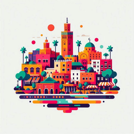 Colorful vector illustration of a city in flat style. Travel concept.のイラスト素材