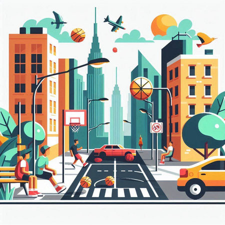 City life with people and vehicles. Vector illustration in flat style.のイラスト素材
