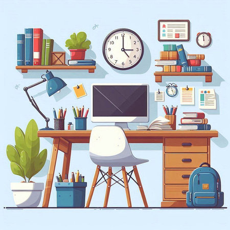 Interior of office workplace. Workplace with computer, bookshelf, clock, stationery, bag, books, table, chair. Flat vector illustration.のイラスト素材
