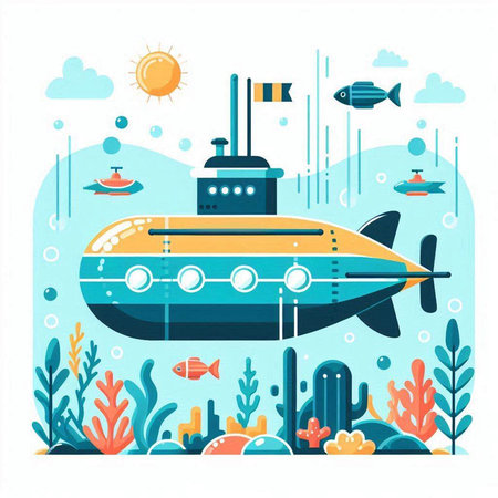 Submarine on the background of the coral reef. Flat vector illustration.のイラスト素材