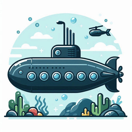 Submarine in the sea. Vector illustration in a flat style.のイラスト素材