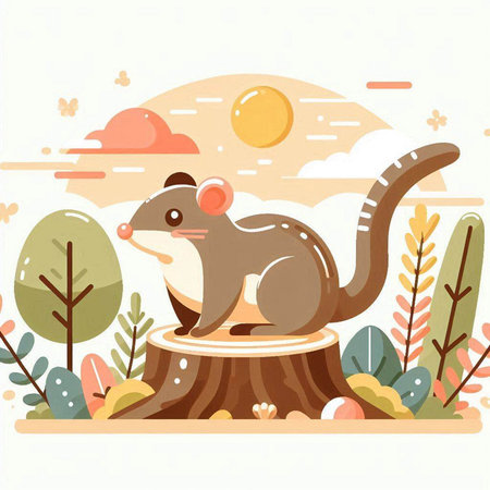 Cute cartoon rat sitting on a tree stump. Vector illustration.のイラスト素材