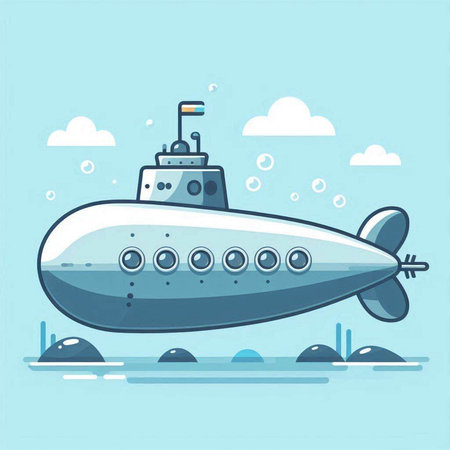 Submarine. Vector illustration in flat style. Isolated on blue background.のイラスト素材