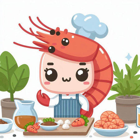 illustration of a cute shrimp chef standing in front of the tableのイラスト素材