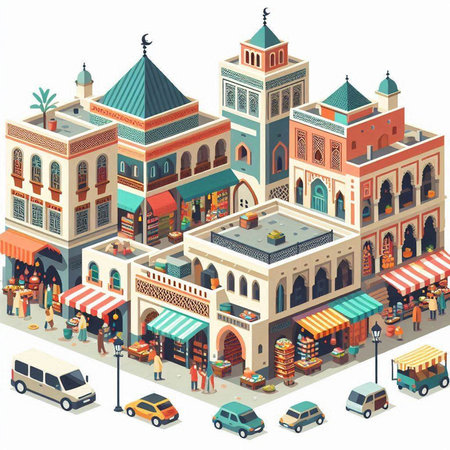 isometric islamic market street with shops and restaurants, vector illustrationのイラスト素材