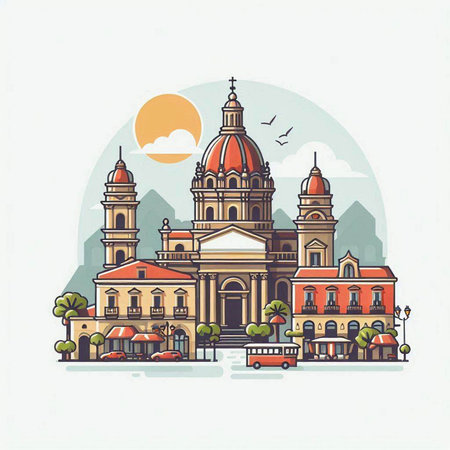 Church in the center of the city on a white background. Vector illustration.のイラスト素材