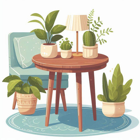 Interior of living room with furniture and plants. Cartoon vector illustration.のイラスト素材