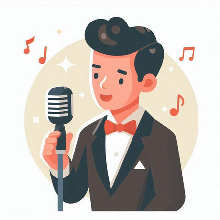 Vector illustration of a man in a tuxedo holding a microphone.のイラスト素材
