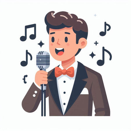 Vector illustration of a man in a tuxedo singing into a microphone.のイラスト素材
