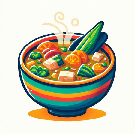 Cartoon vector illustration of vegetable soup in bowl with chopsticks.のイラスト素材