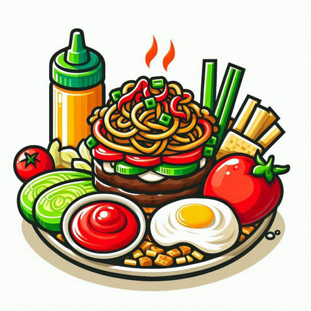 Illustration of a plate of spaghetti with ketchup and mayonnaiseのイラスト素材