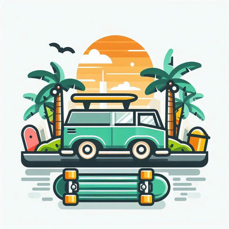 Car on the road with surfboard. Vector illustration in flat styleのイラスト素材