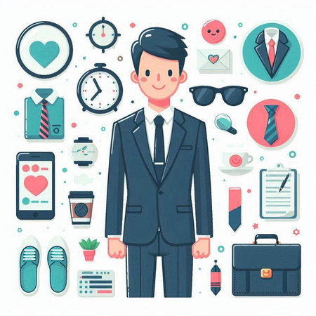 Businessman in a suit with a set of icons. Vector illustrationのイラスト素材