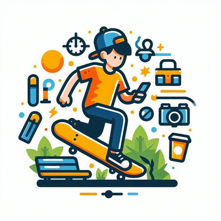 Skateboarder with mobile phone in his hand. Vector illustration.のイラスト素材