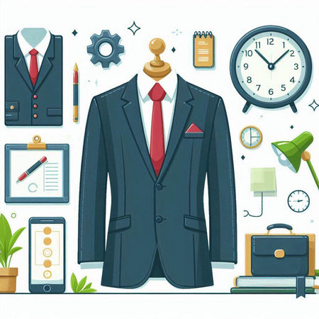 Vector illustration of office supplies. Businessman suit, briefcase, clock, briefcase, clock, stationery, calculator, pener, pencil, notepad.のイラスト素材