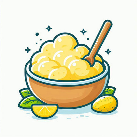 Mashed potatoes in a bowl with a spoon. Vector illustration.のイラスト素材