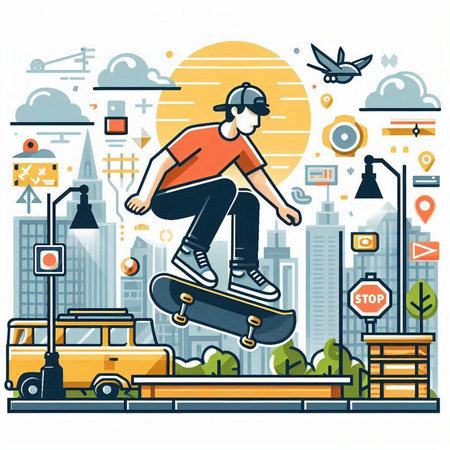 Skateboarder riding a skateboard on the road in the city. Vector illustration.のイラスト素材