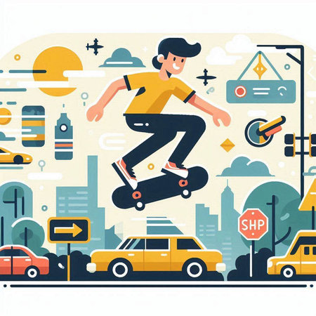 Skateboarder on the road. Flat style vector illustration.のイラスト素材