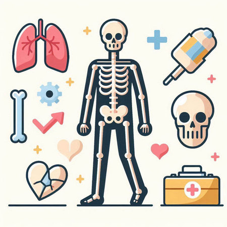 Vector illustration of human skeleton and medical icons set in flat style.のイラスト素材