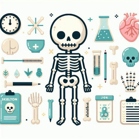Illustration of a skeleton with a set of medical icons on a white backgroundのイラスト素材