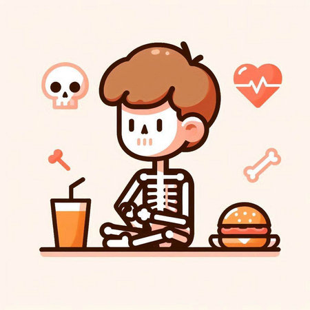 Vector illustration of a boy in skeleton costume eating burger and drinking colaのイラスト素材