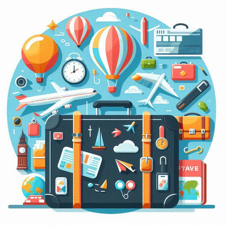 Travel concept with suitcase, airplane, map and other items. Vector illustrationのイラスト素材