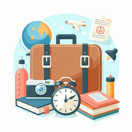 Travel and tourism concept with suitcase, passport, camera, compass, airplane and other objects. Vector illustrationのイラスト素材