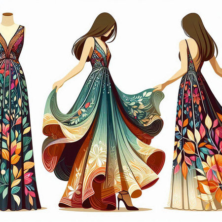 Beautiful young women in colorful dresses with floral ornament. Vector illustration.のイラスト素材
