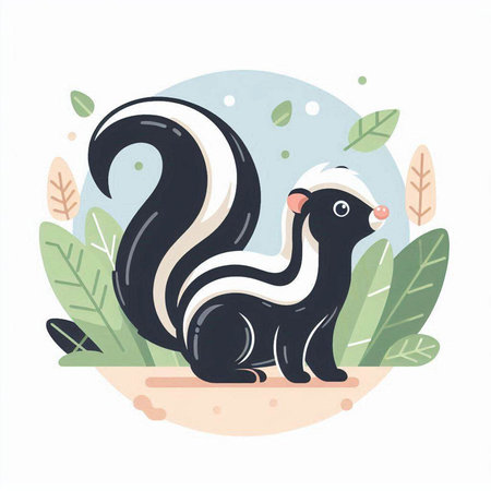 Cute skunk on the background of leaves. Vector illustration.のイラスト素材