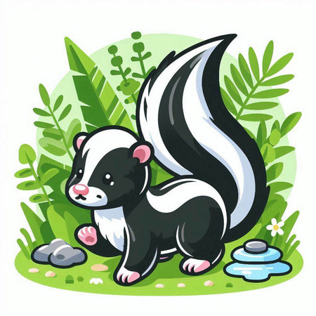 Skunk in the garden. Vector illustration of a cute cartoon skunk.のイラスト素材