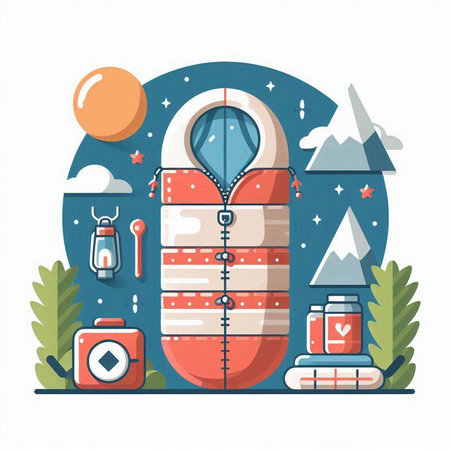 Flat design vector illustration concept of camping equipment in the mountains.のイラスト素材