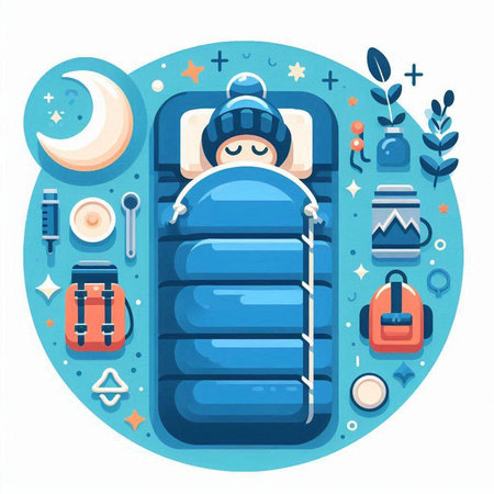 Vector illustration of a sleeping man in a sleeping bag with a set of accessories.のイラスト素材